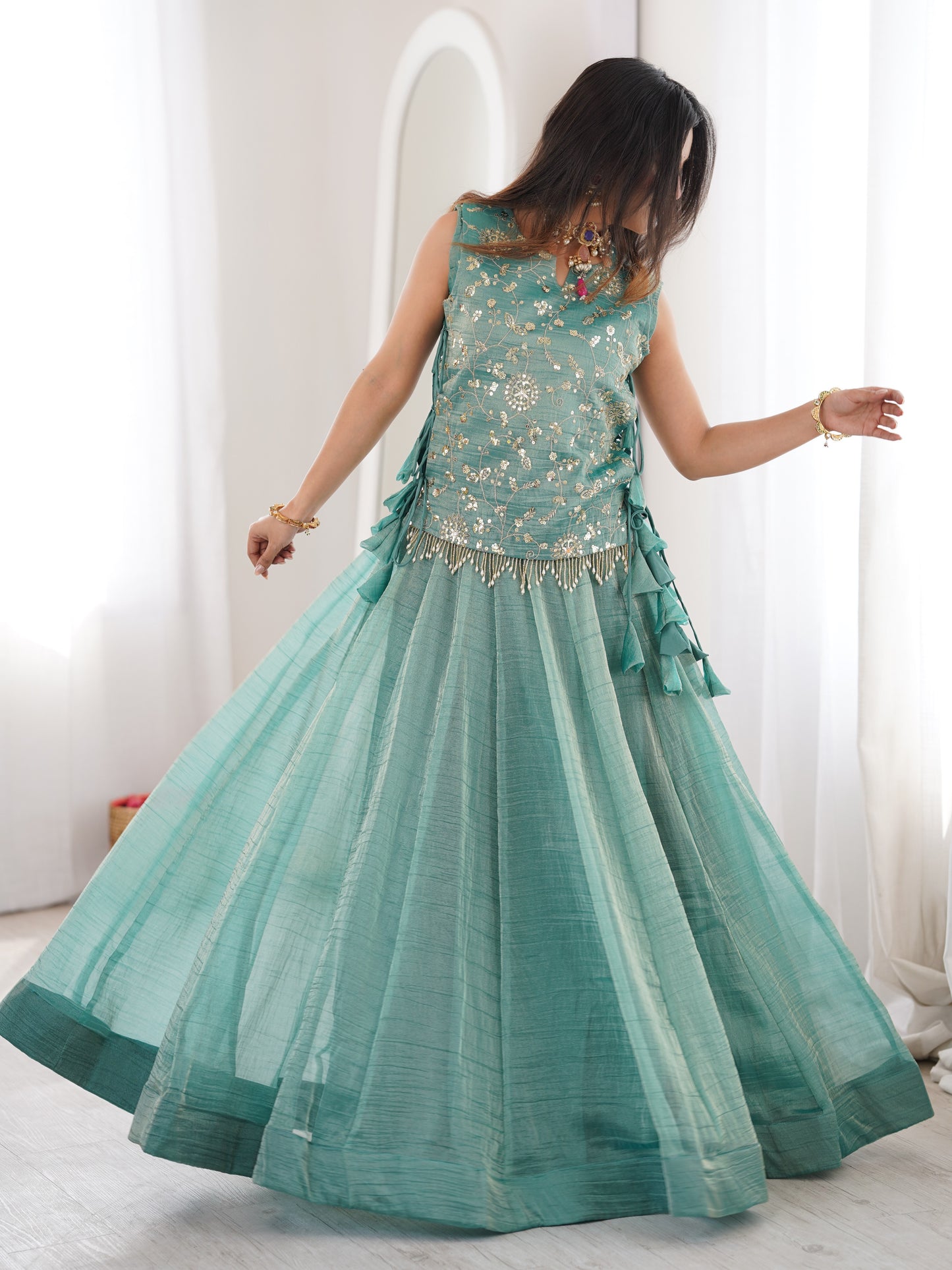 Sky Blue Embroidered Crush Silk Sangeet Crop Top Lehenga