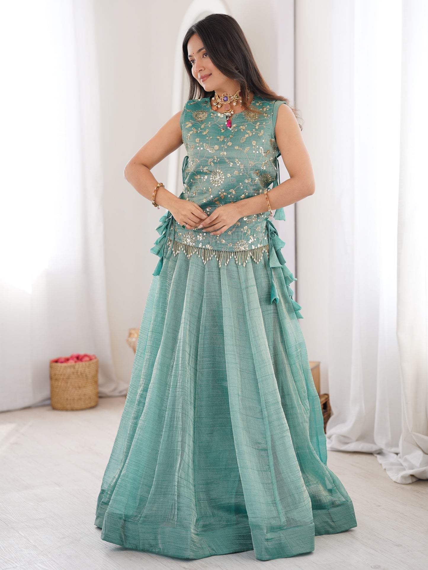 Sky Blue Embroidered Crush Silk Sangeet Crop Top Lehenga
