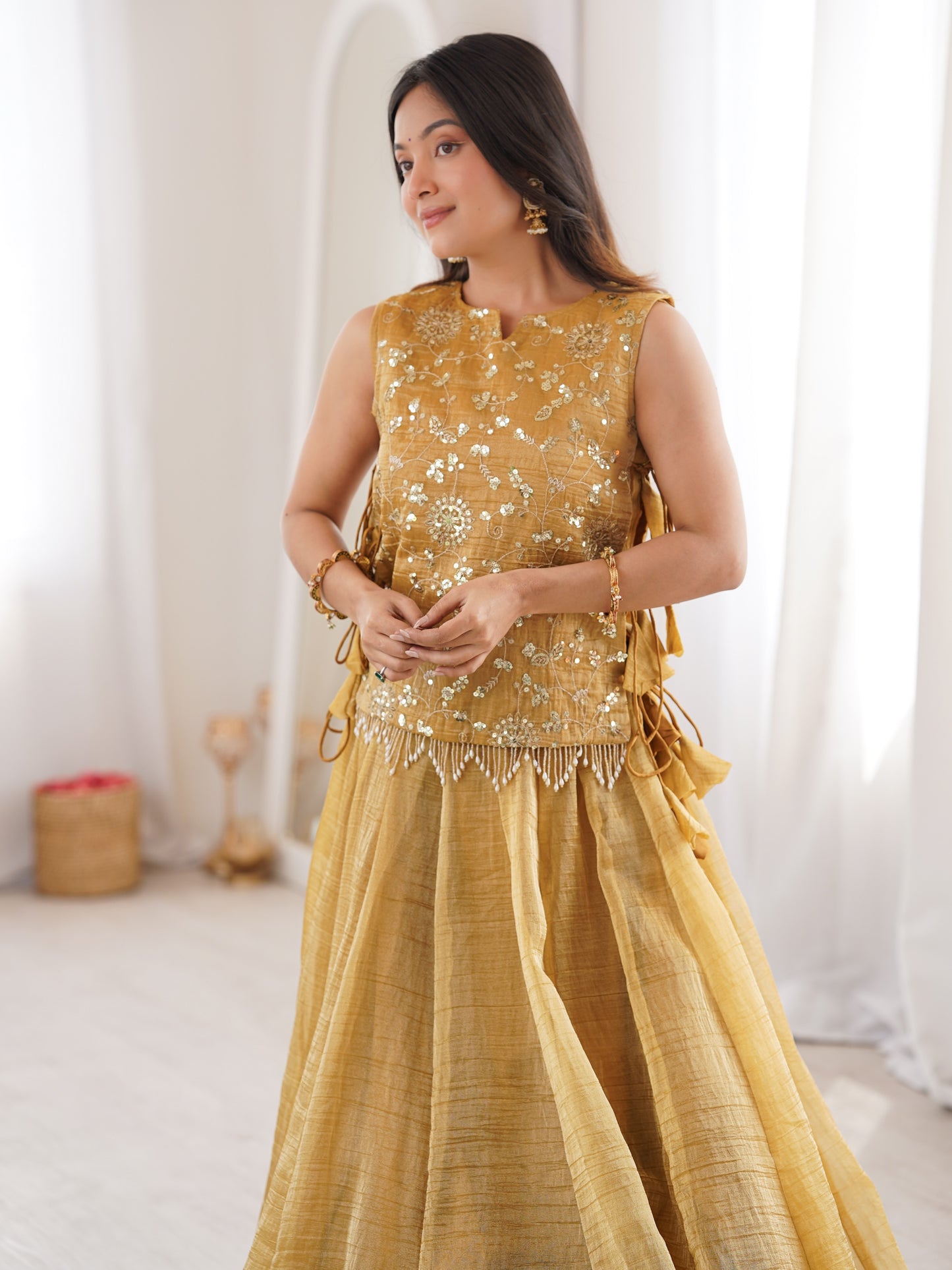 Yellow Embroidered Crush Silk Haldi Wear Crop Top Lehenga