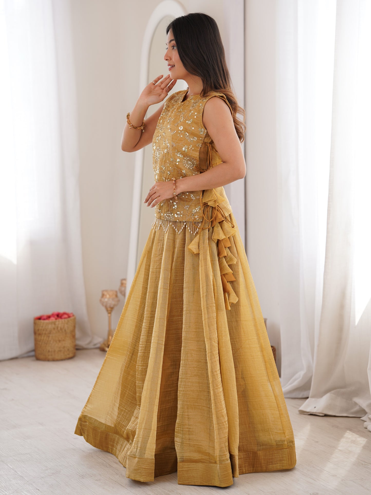 Yellow Embroidered Crush Silk Haldi Wear Crop Top Lehenga