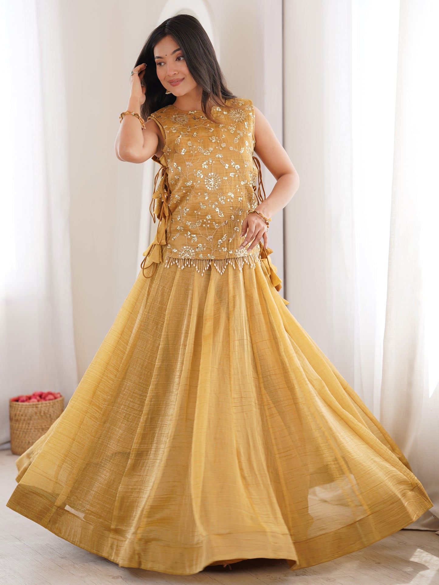 Yellow Embroidered Crush Silk Haldi Wear Crop Top Lehenga