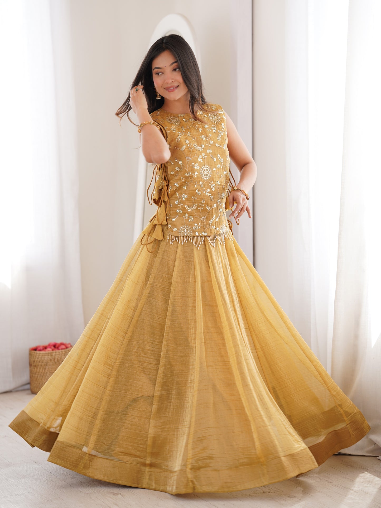 Yellow Embroidered Crush Silk Haldi Wear Crop Top Lehenga