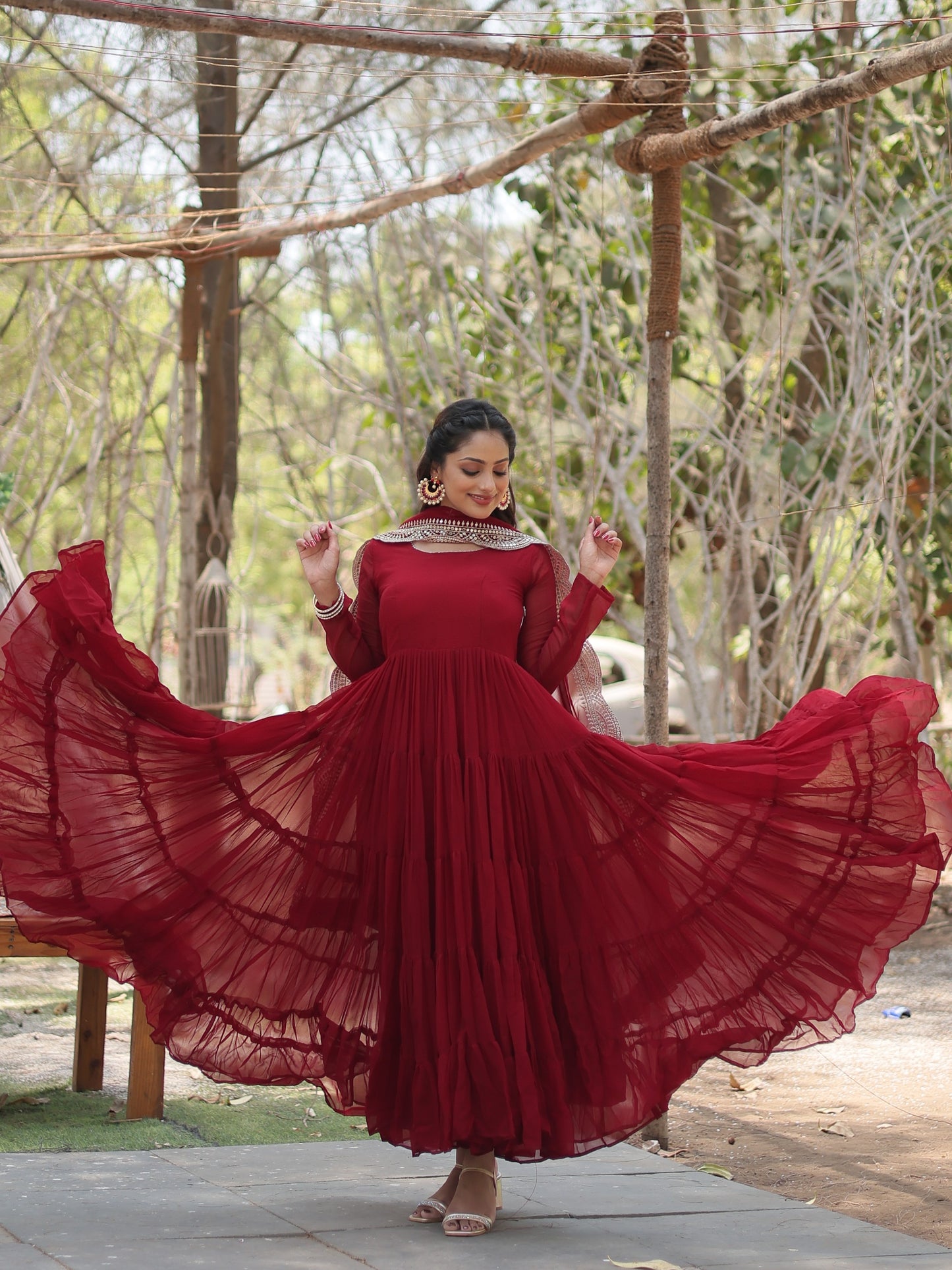 Classic Maroon Georgette Plain Festive Gown