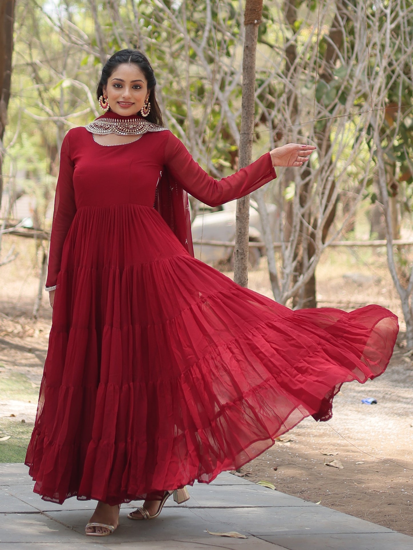 Classic Maroon Georgette Plain Festive Gown