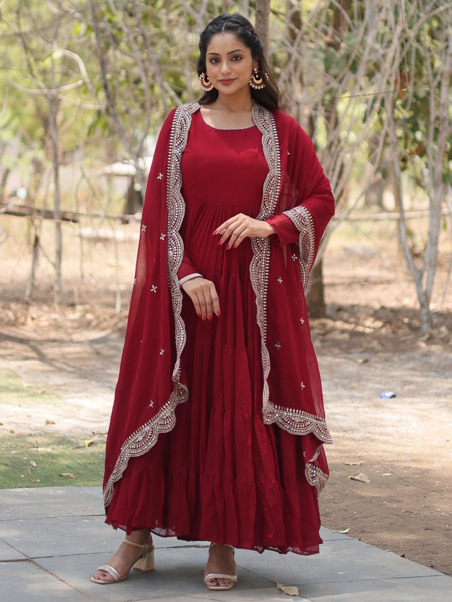Classic Maroon Georgette Plain Festive Gown