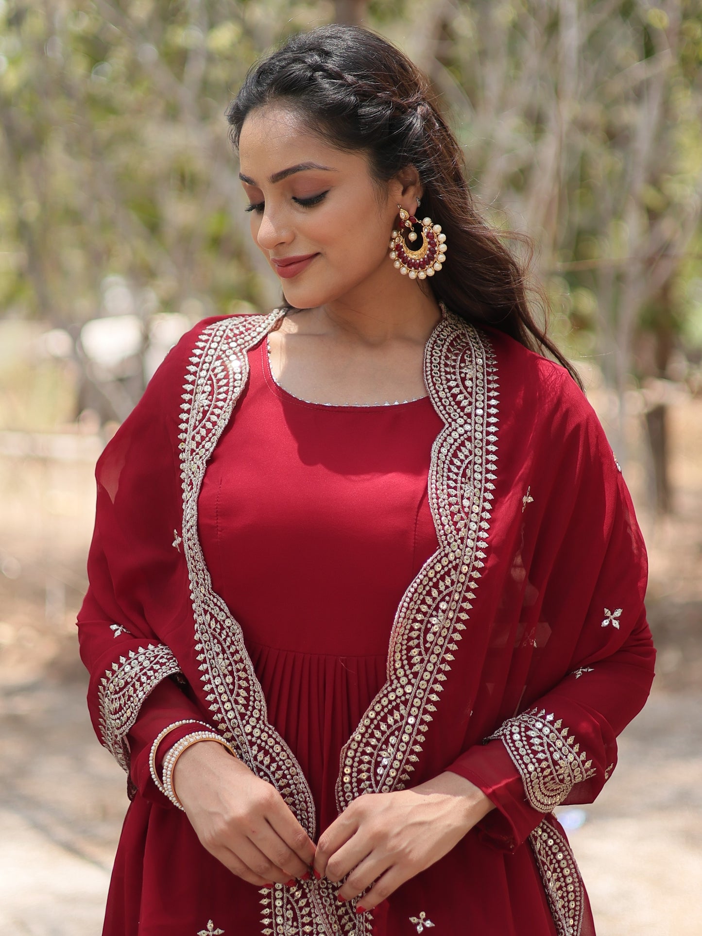 Classic Maroon Georgette Plain Festive Gown