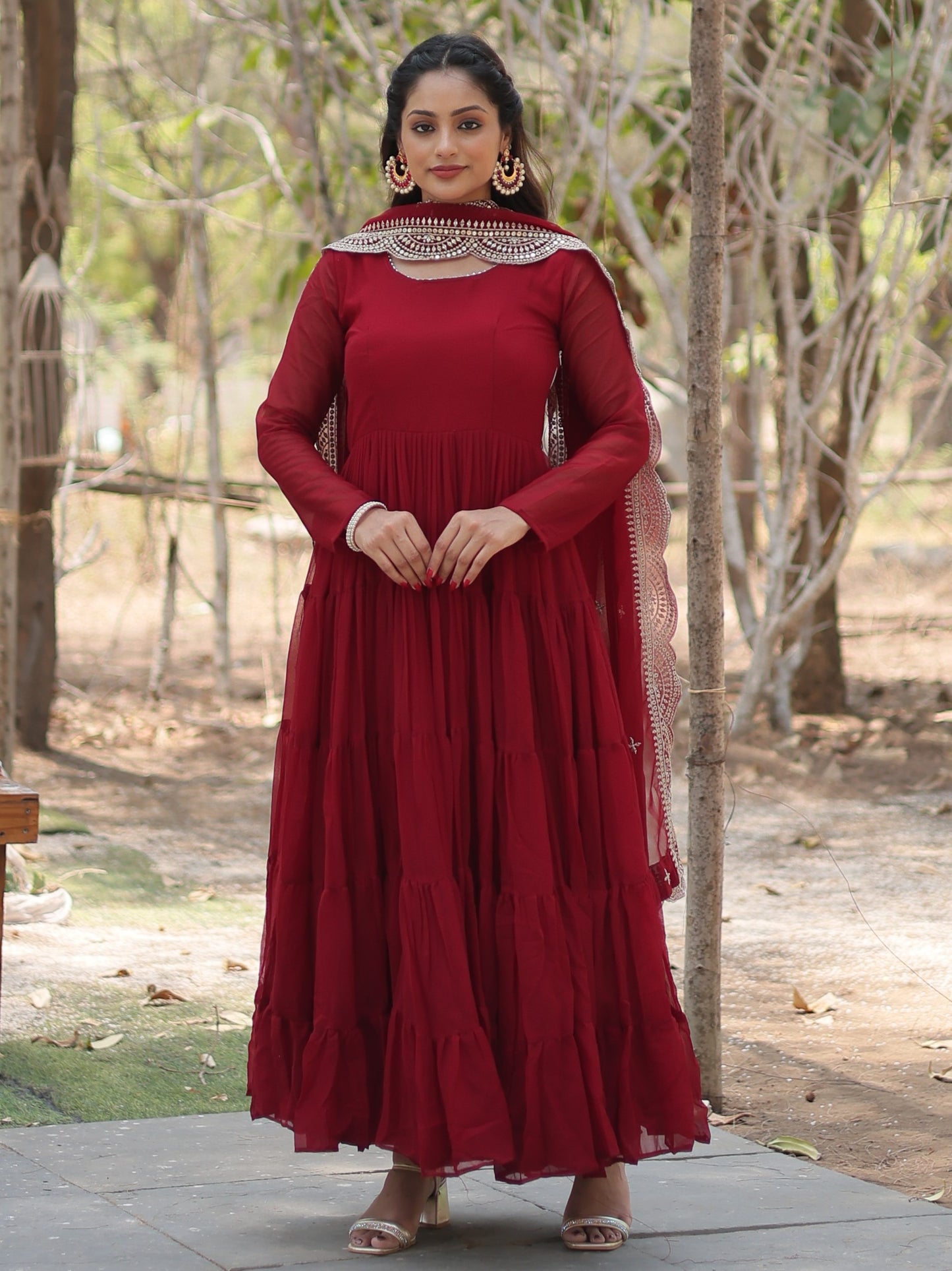 Classic Maroon Georgette Plain Festive Gown