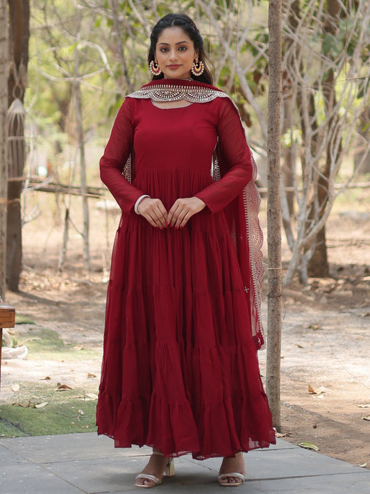 Classic Maroon Georgette Plain Festive Gown