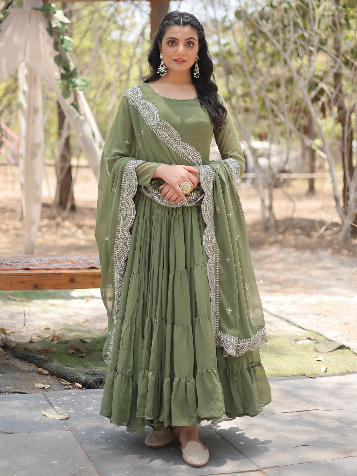 Enchanting Green Georgette Mehndi Wear Plain Gown