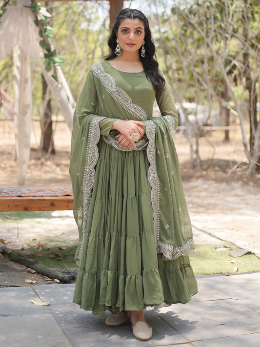 Enchanting Green Georgette Mehndi Wear Plain Gown
