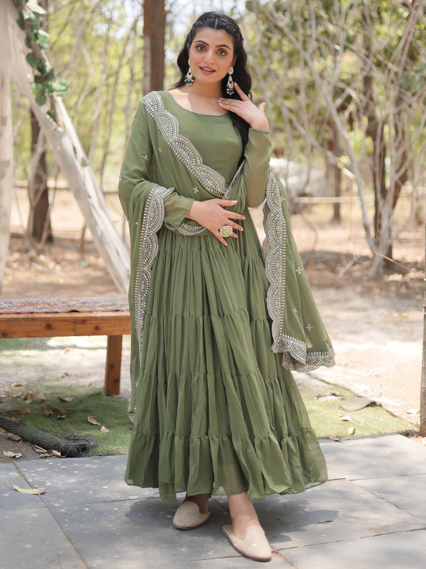 Enchanting Green Georgette Mehndi Wear Plain Gown