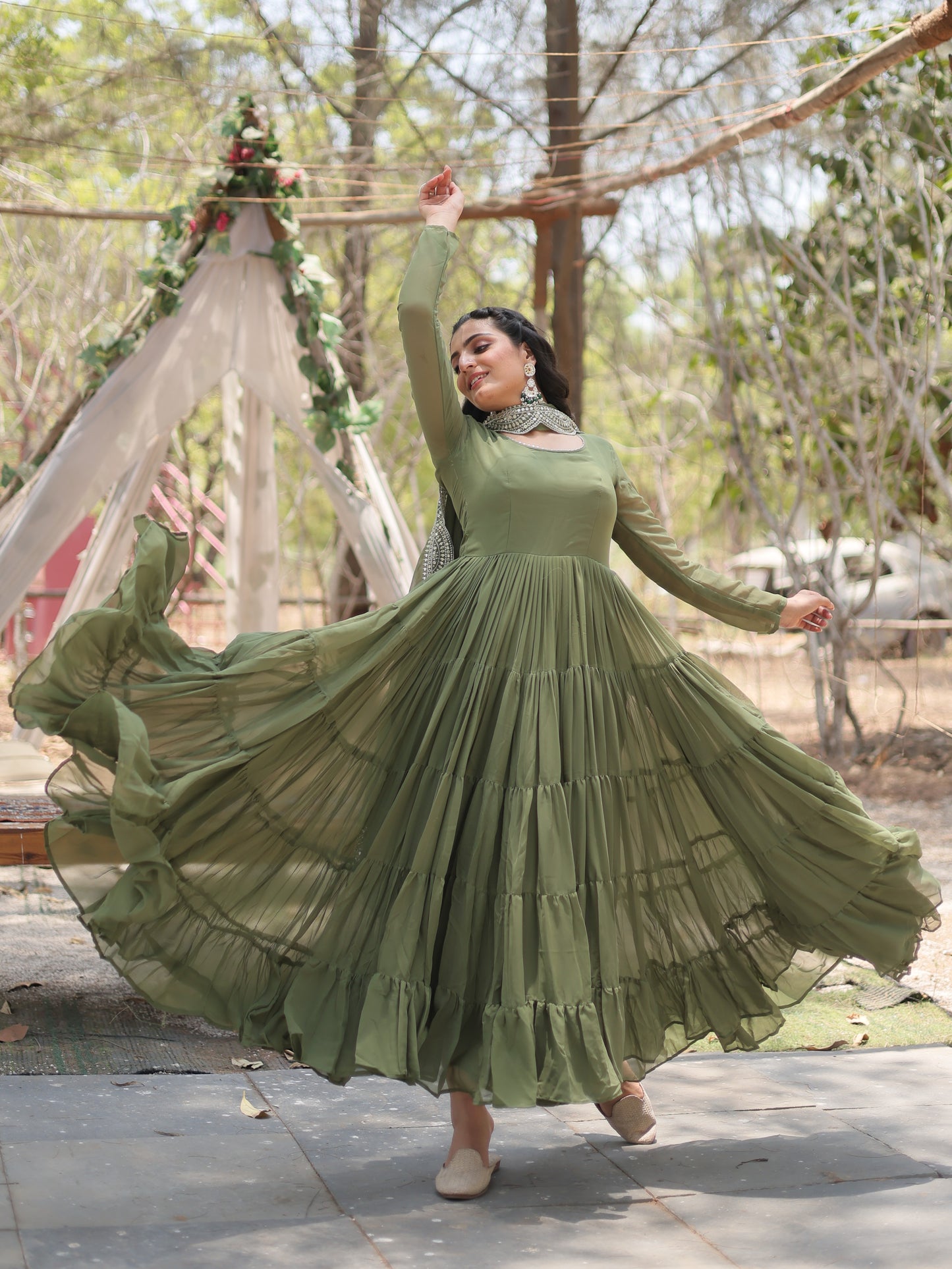 Enchanting Green Georgette Mehndi Wear Plain Gown