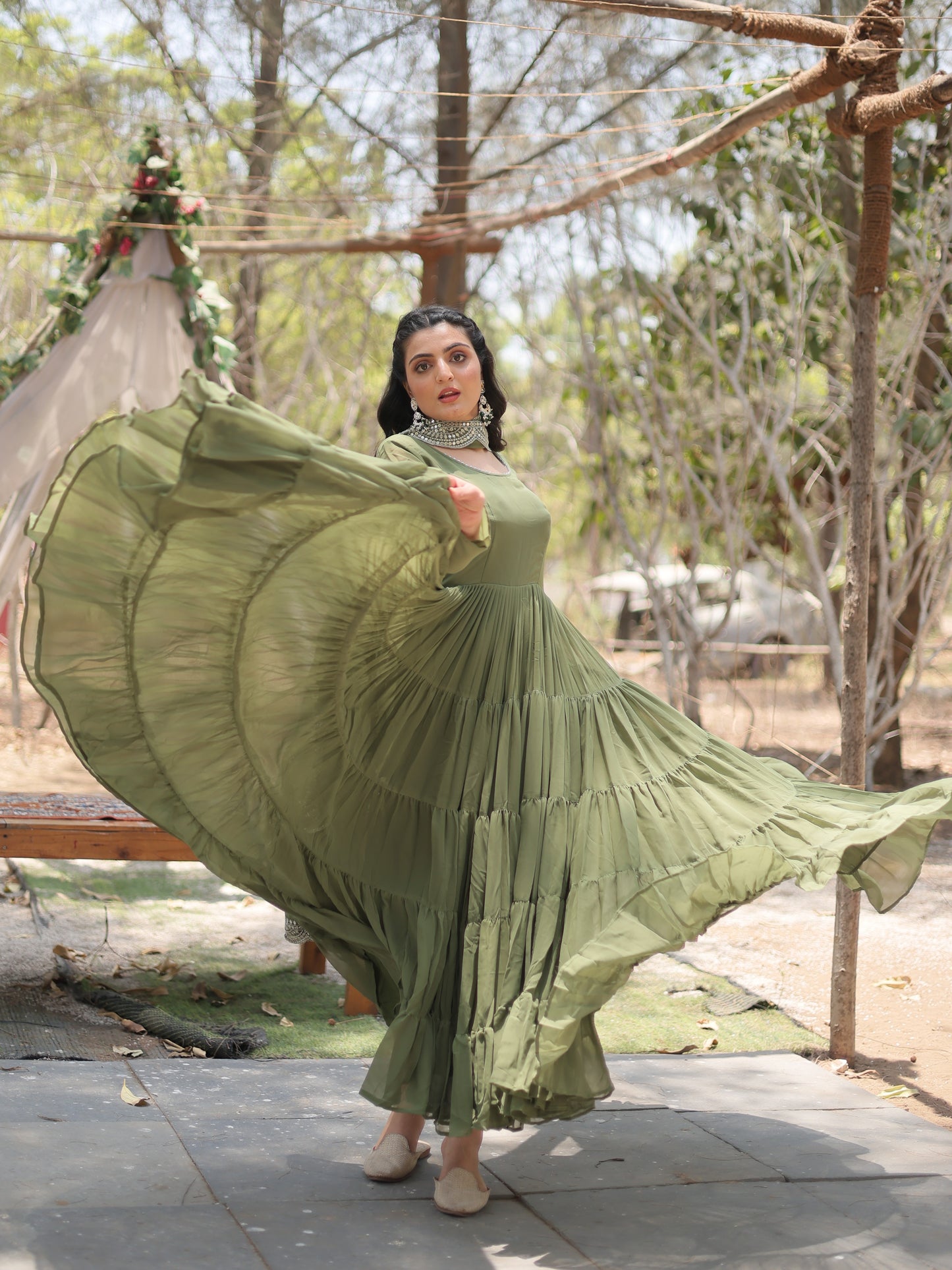 Enchanting Green Georgette Mehndi Wear Plain Gown