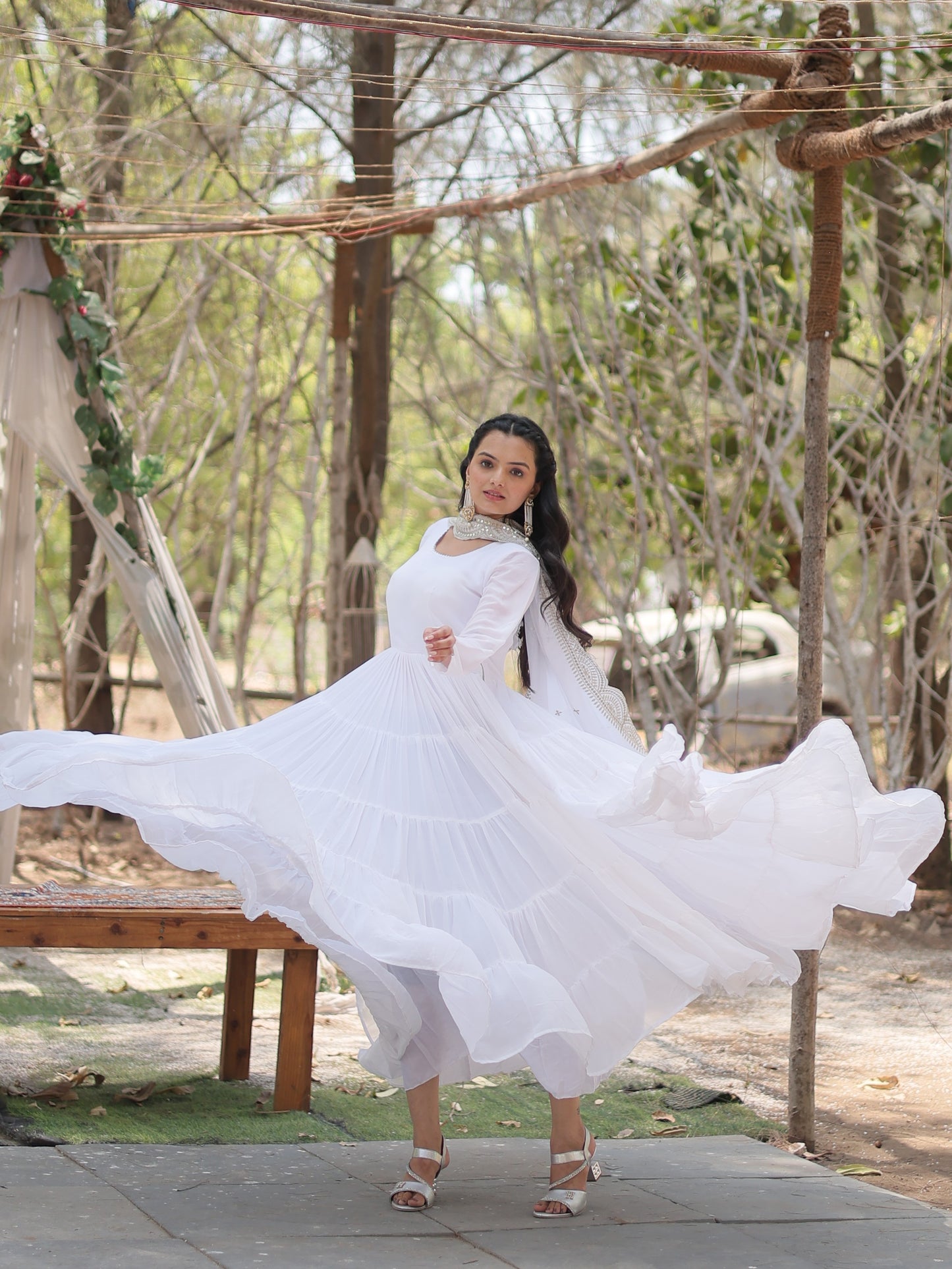 Lovely white Georgette Plain Gown With dupatta