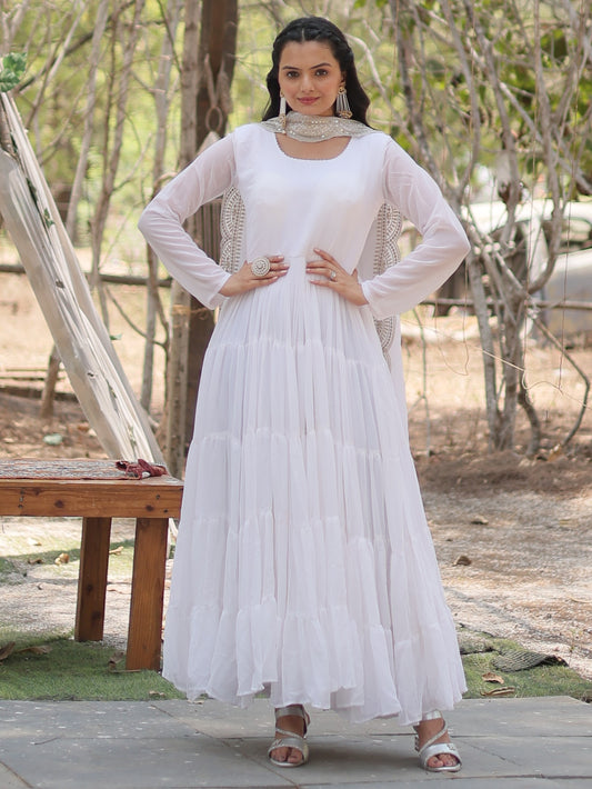 Lovely white Georgette Plain Gown With dupatta