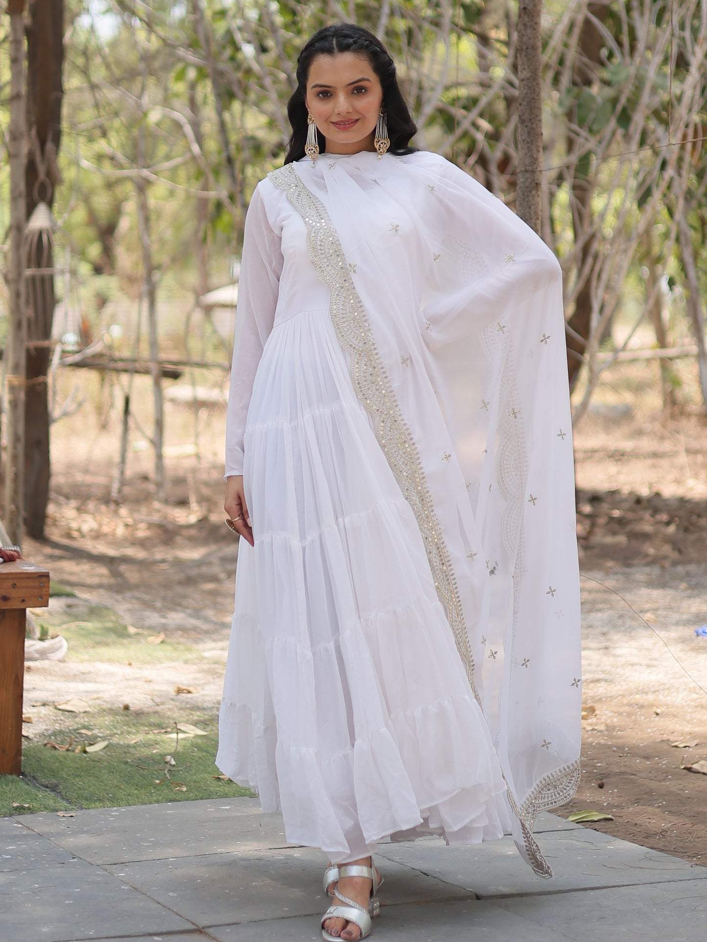 Lovely white Georgette Plain Gown With dupatta