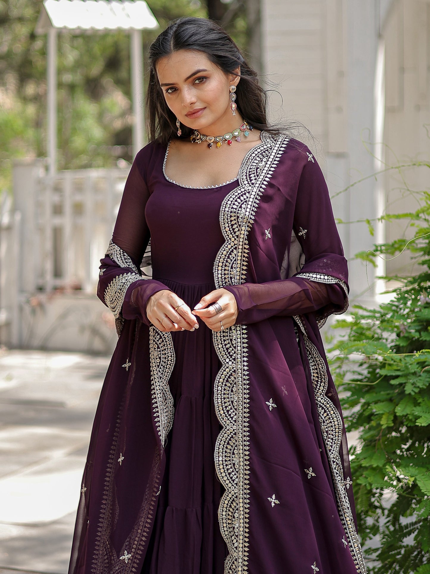 Ravishing Wine Georgette Plain Gown With dupatta