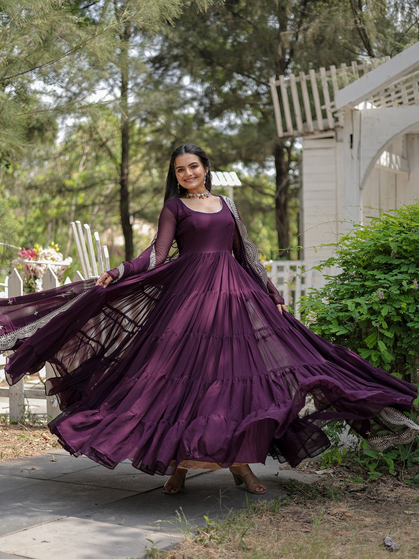 Ravishing Wine Georgette Plain Gown With dupatta