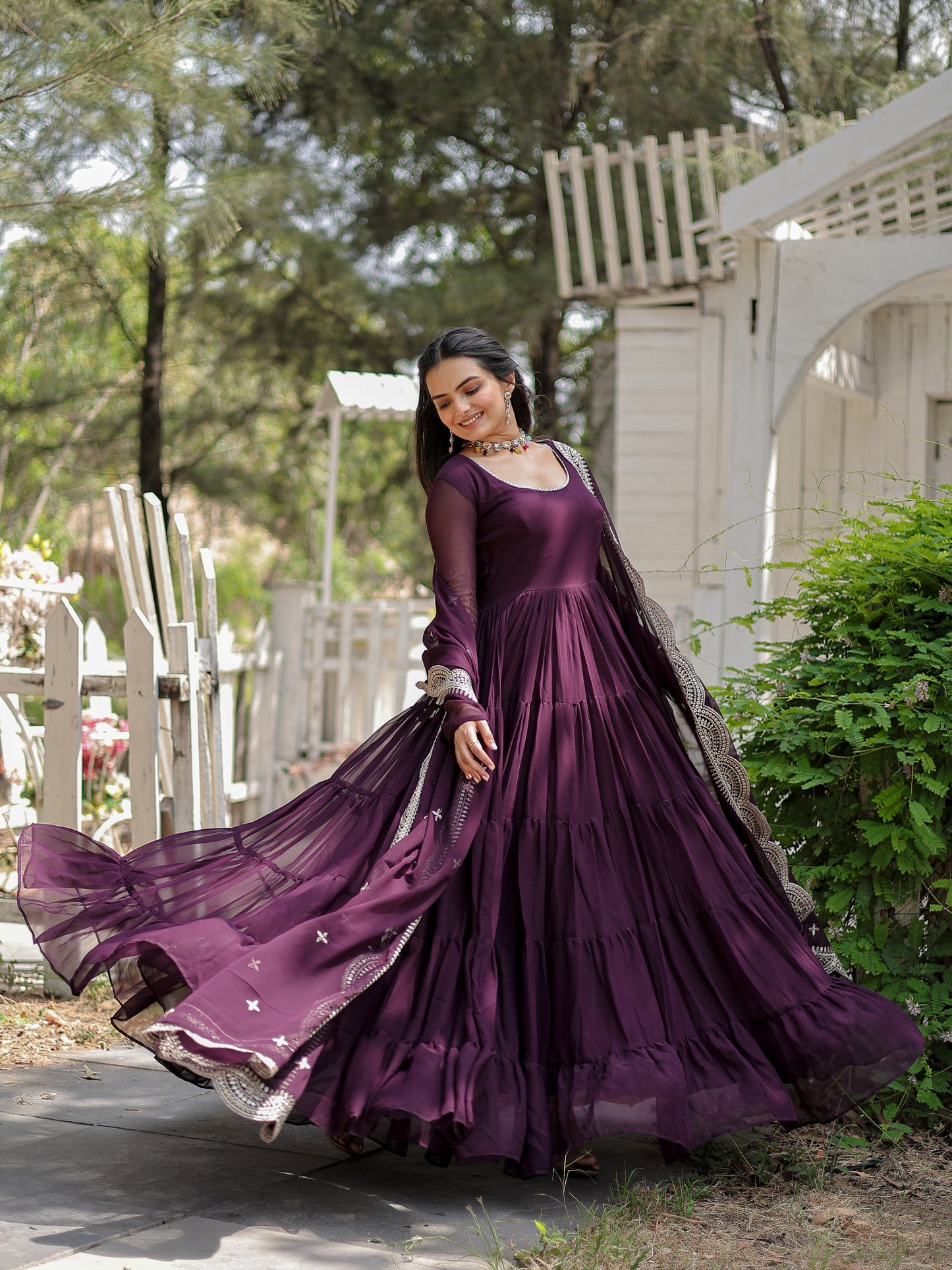 Ravishing Wine Georgette Plain Gown With dupatta