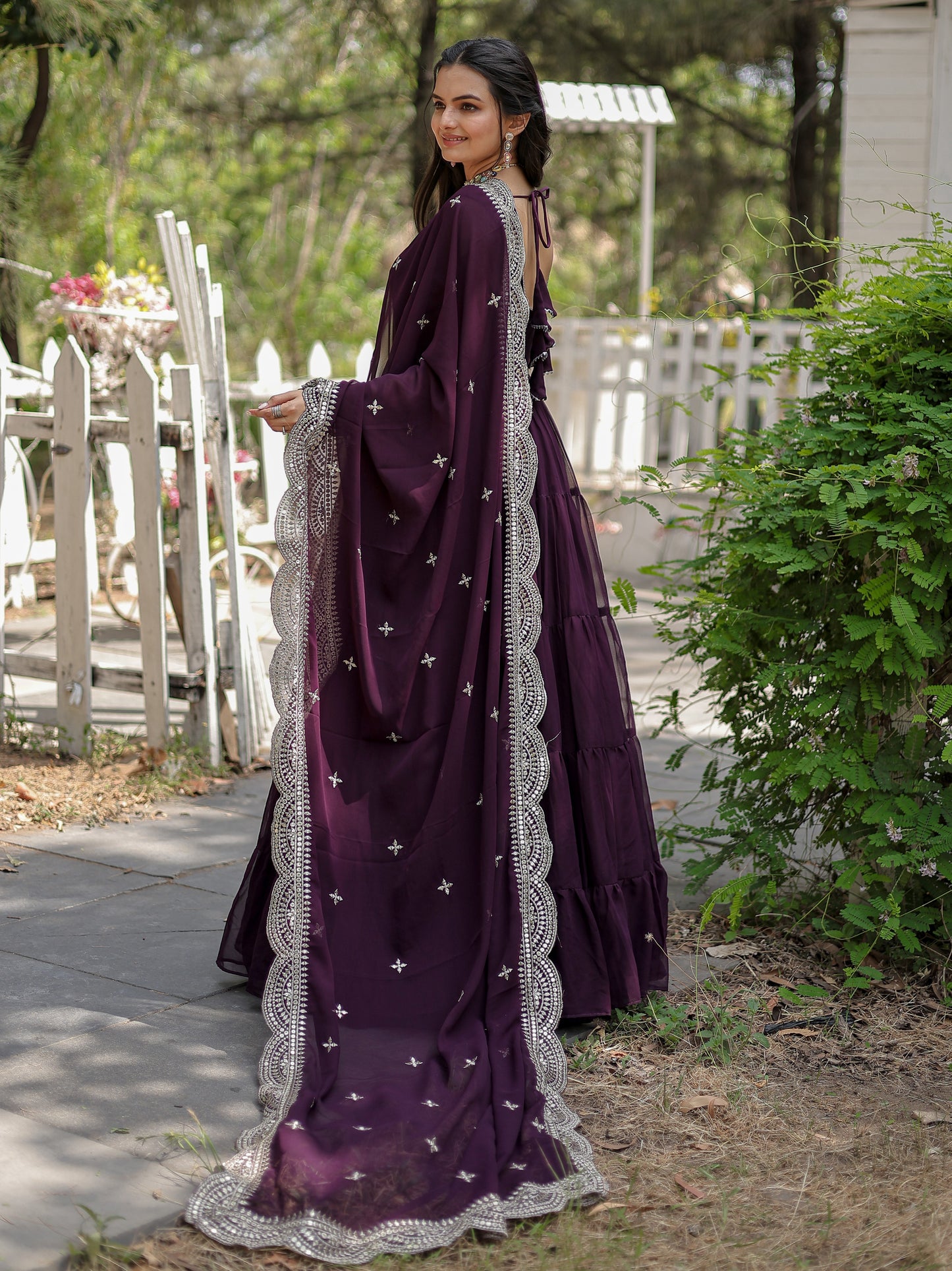 Ravishing Wine Georgette Plain Gown With dupatta