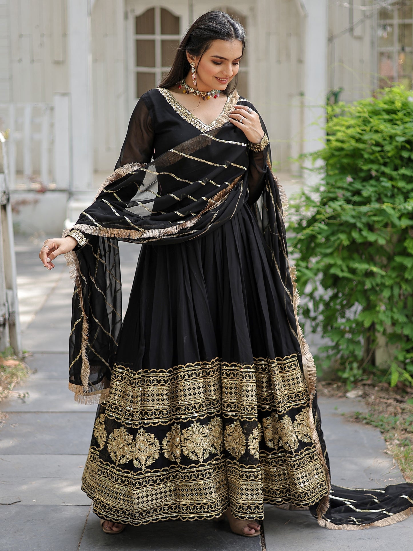 Marvelous Black Embroidered Georgette Party Wear Gown