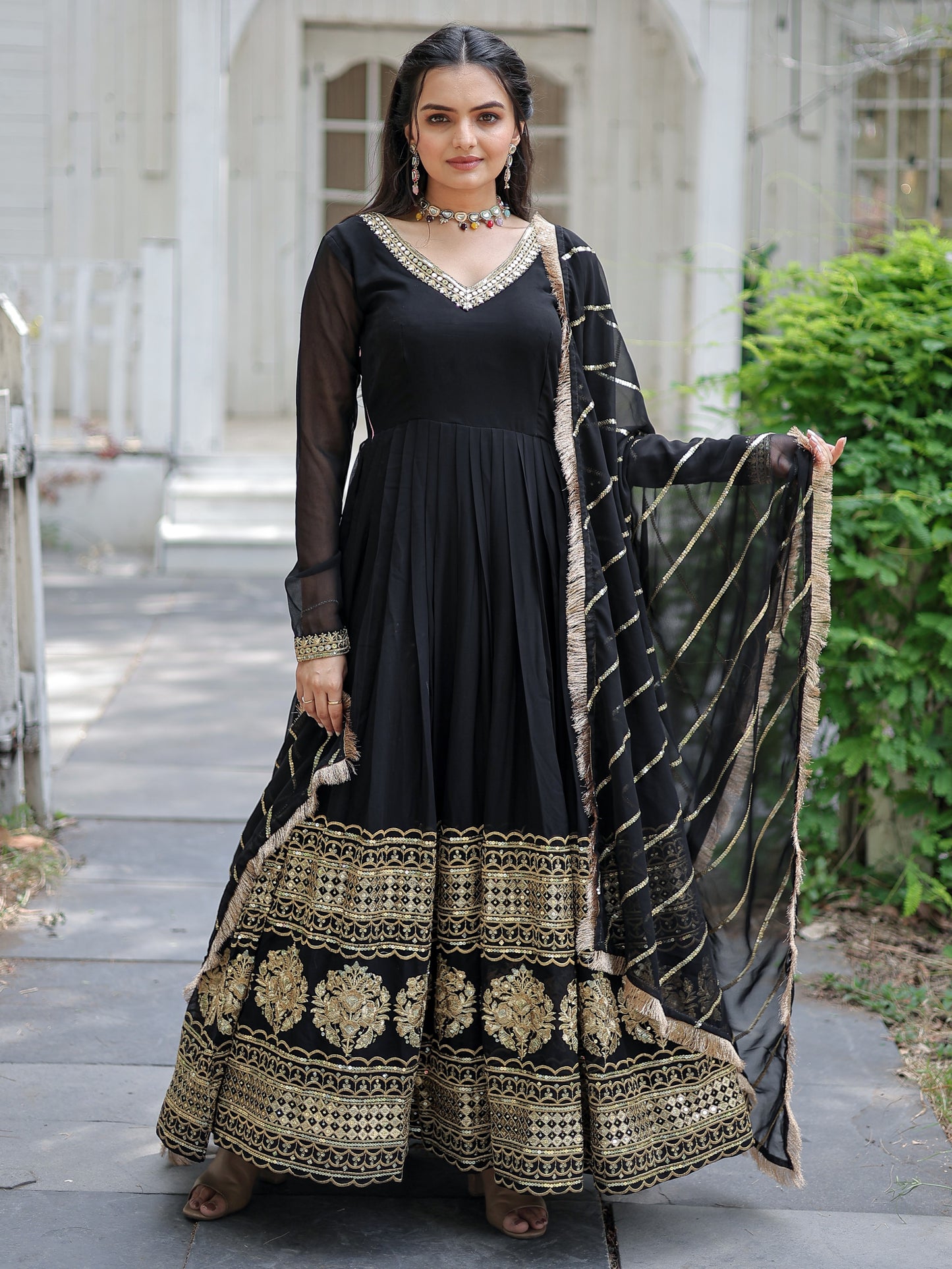 Marvelous Black Embroidered Georgette Party Wear Gown
