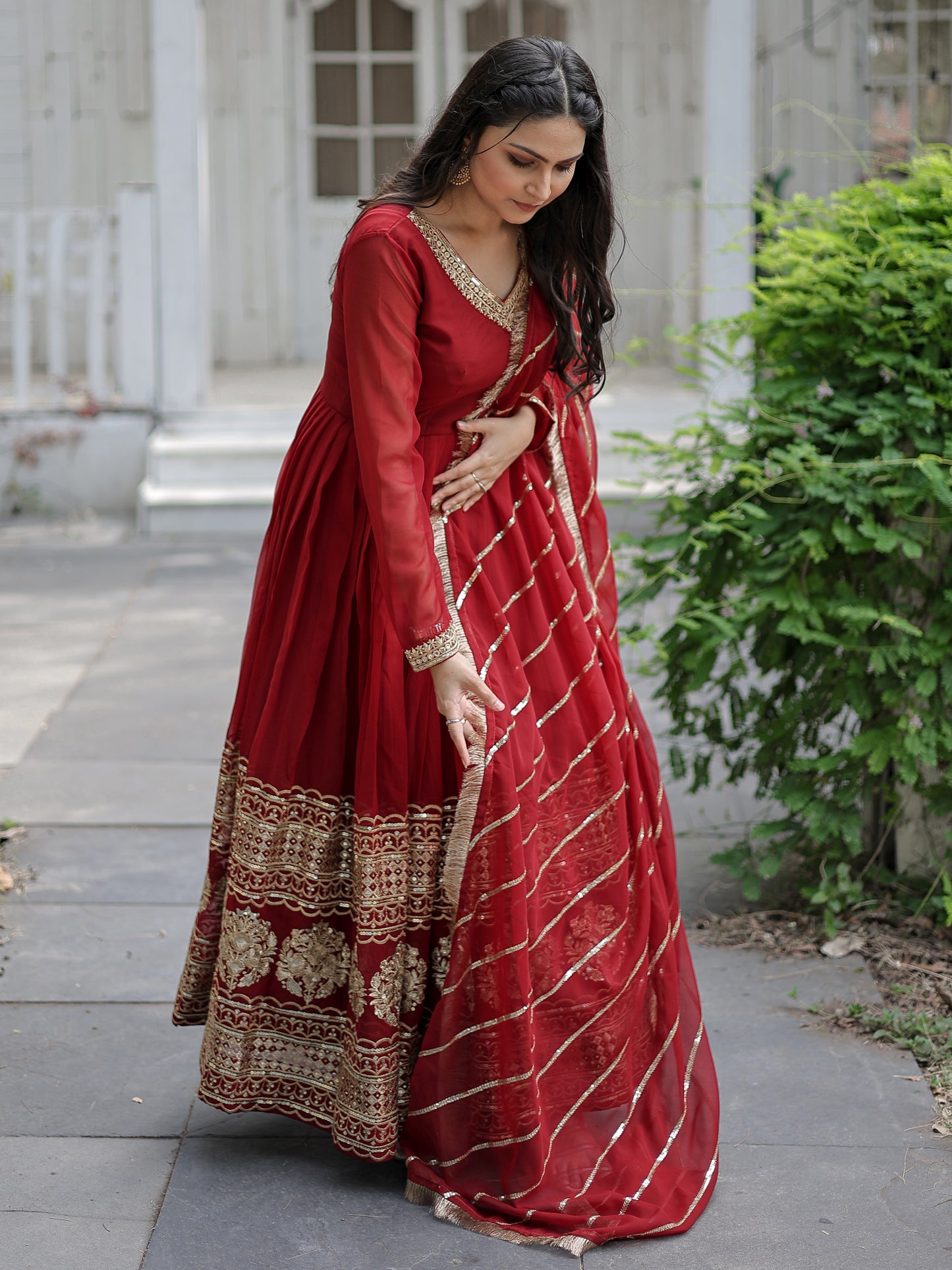 Alluring Red Embroidered Georgette Wedding Wear Gown