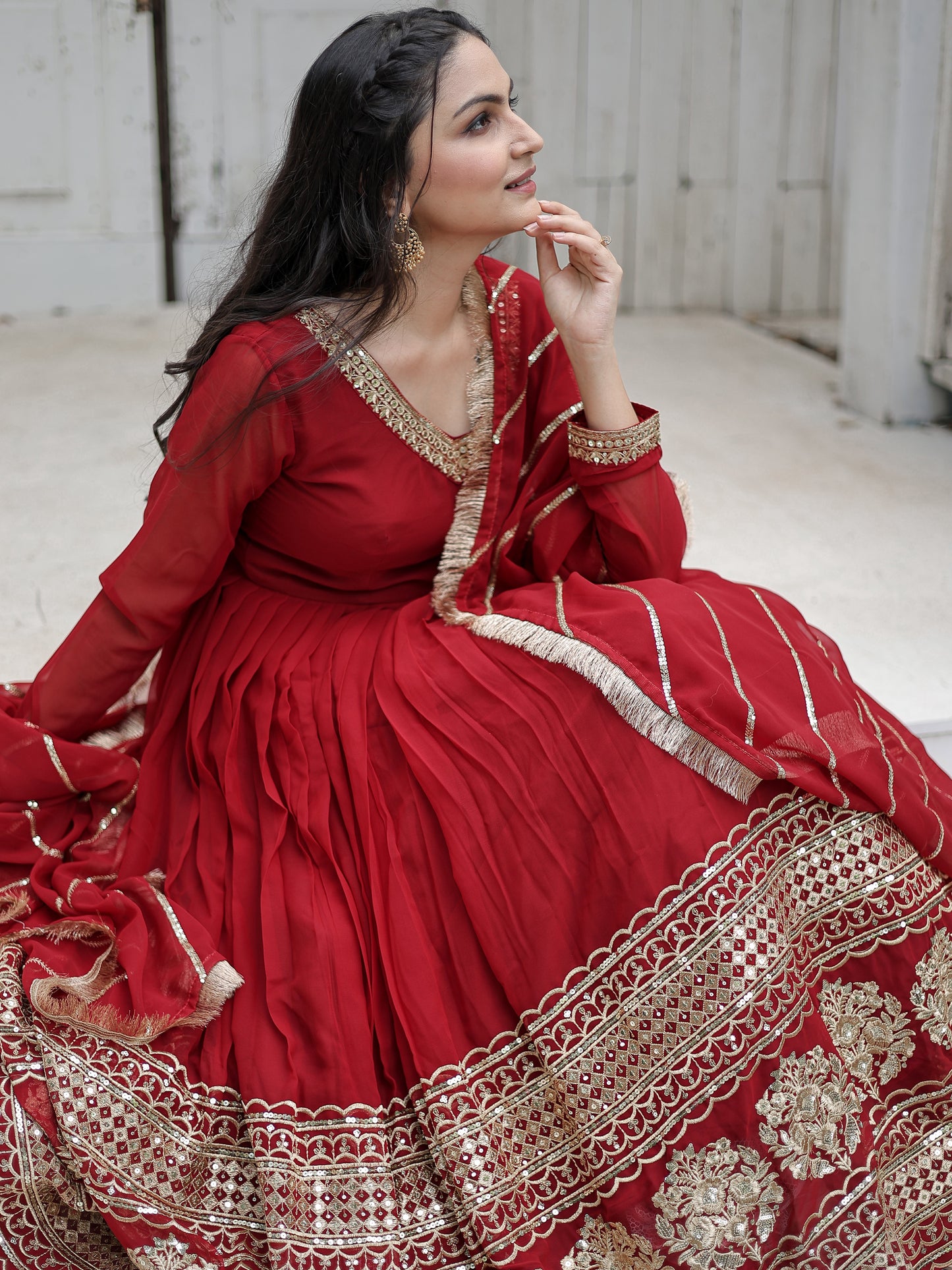 Alluring Red Embroidered Georgette Wedding Wear Gown