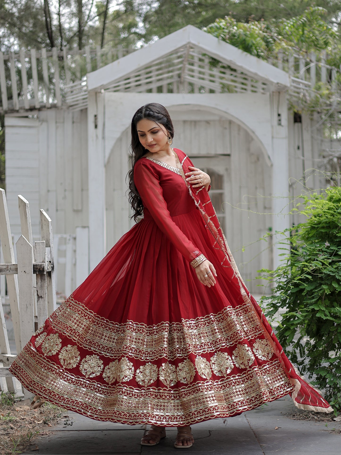 Alluring Red Embroidered Georgette Wedding Wear Gown