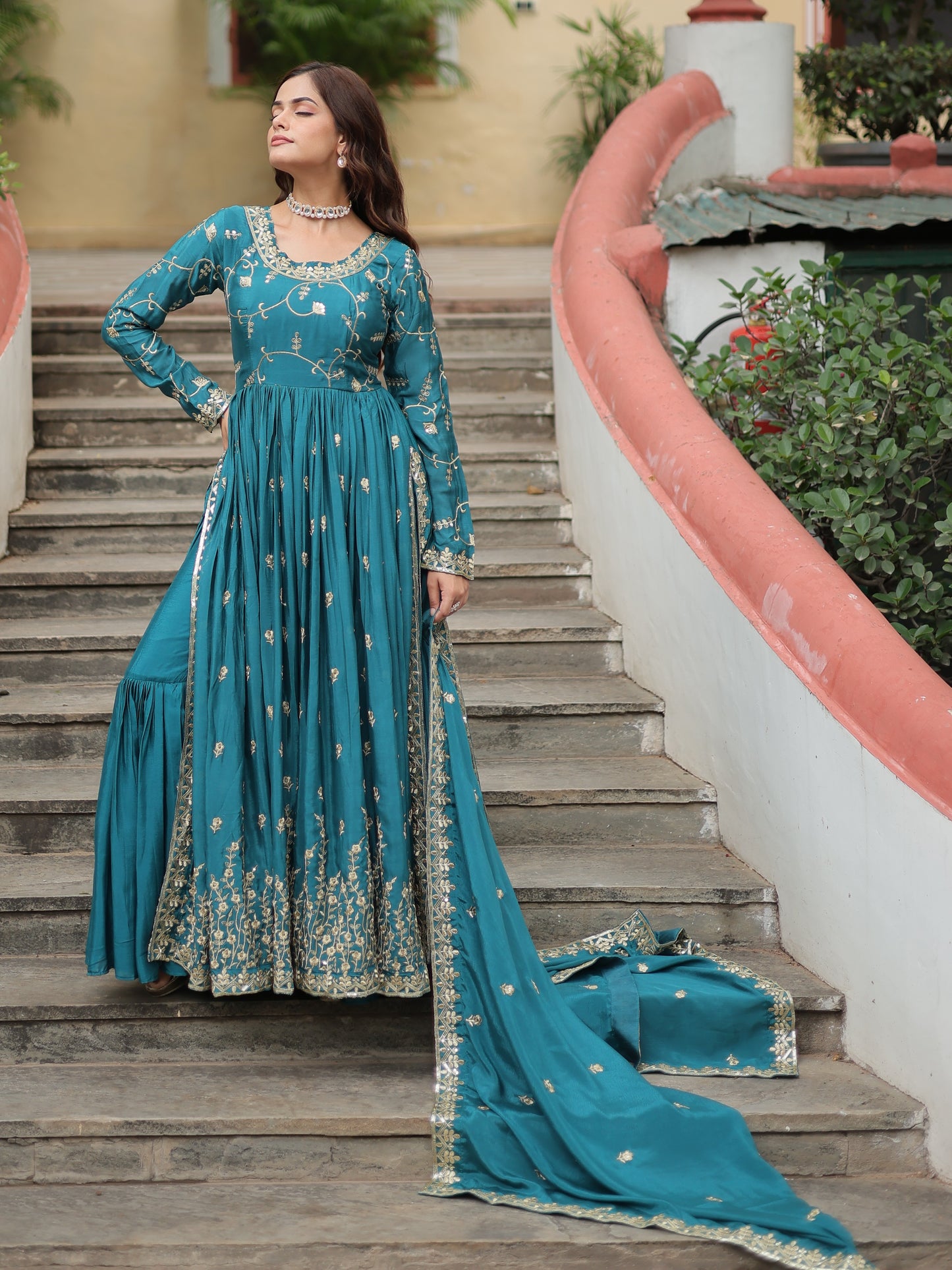 Wonderful Turquoise Zari Work Chinon Designer Sharara Suit