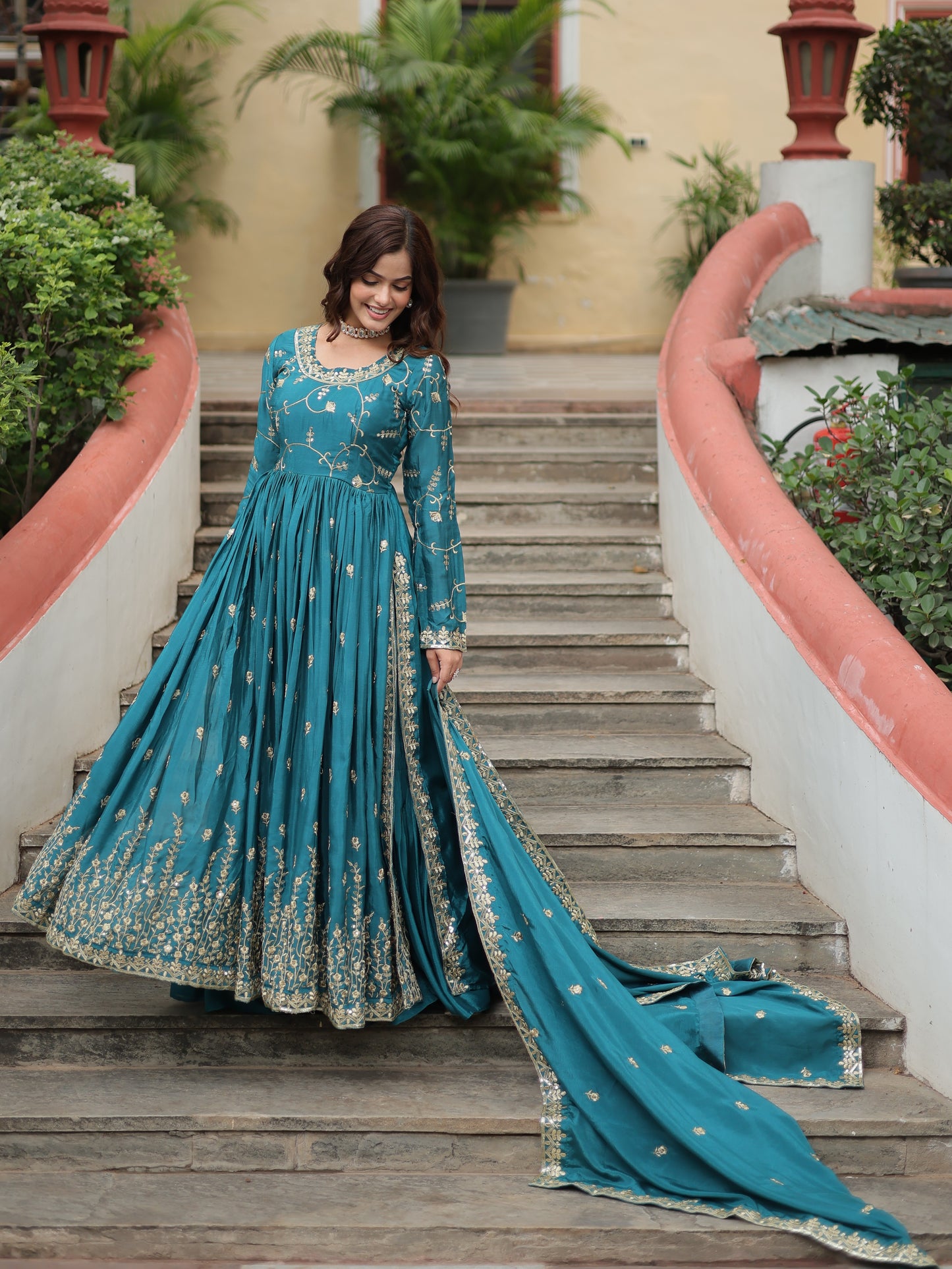 Wonderful Turquoise Zari Work Chinon Designer Sharara Suit