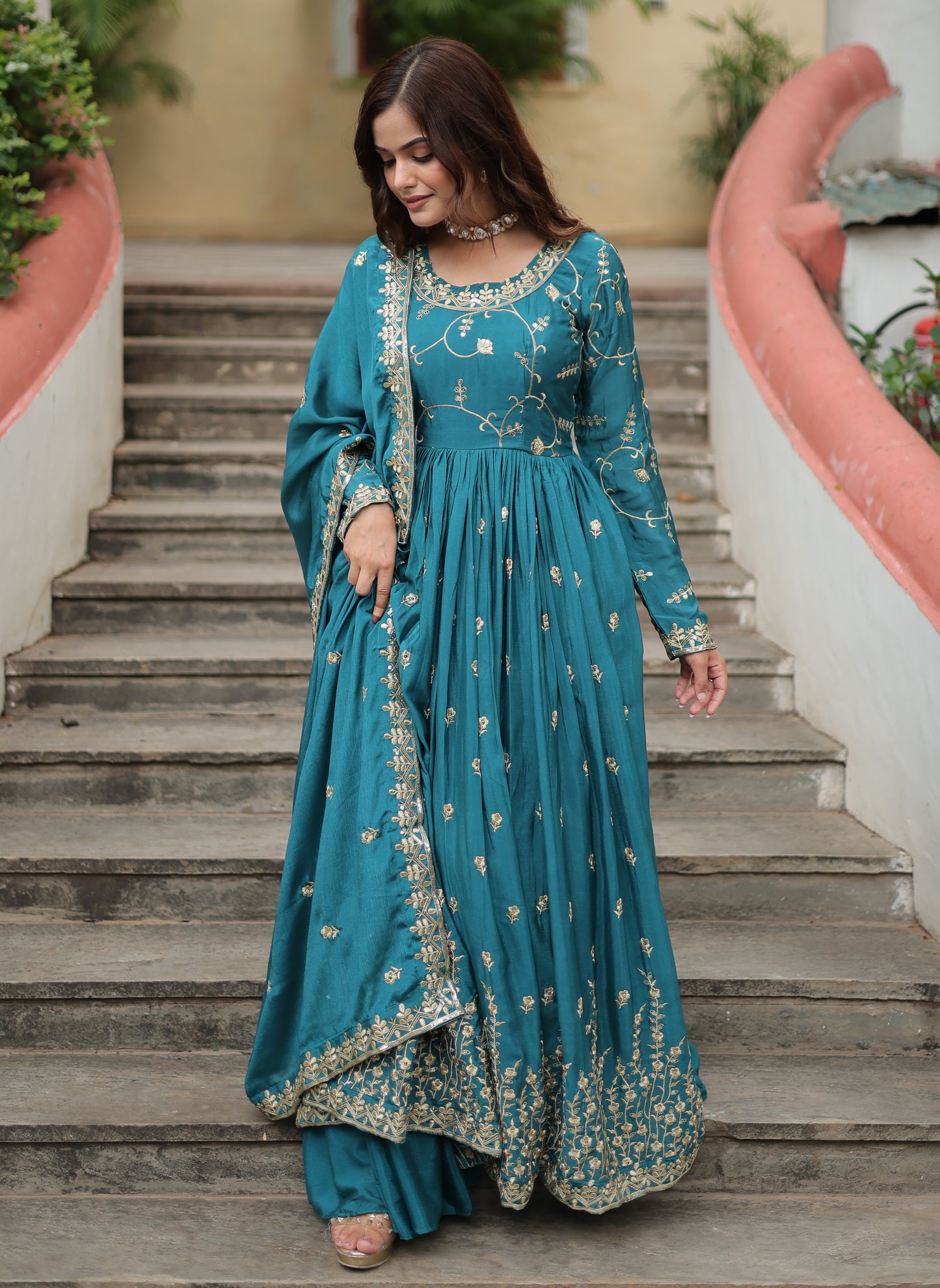 Wonderful Turquoise Zari Work Chinon Designer Sharara Suit