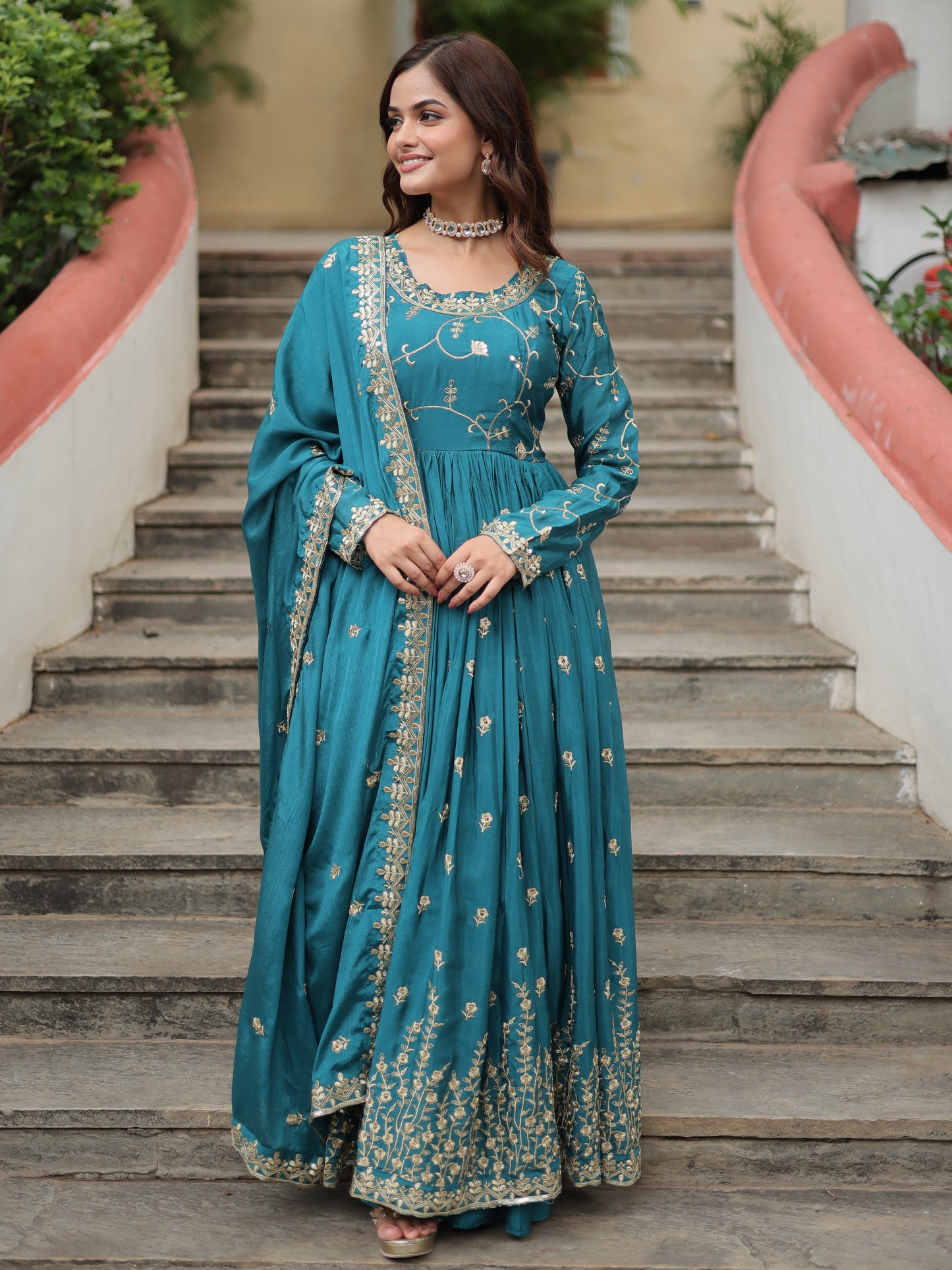 Wonderful Turquoise Zari Work Chinon Designer Sharara Suit