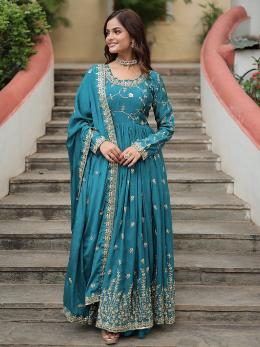 Wonderful Turquoise Zari Work Chinon Designer Sharara Suit