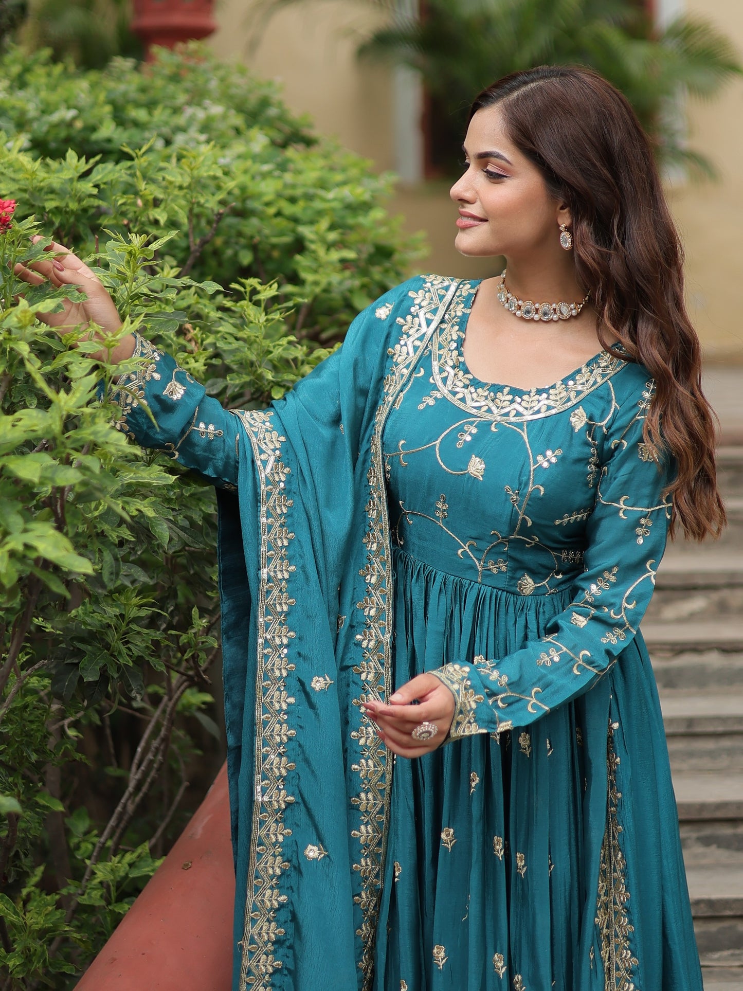 Wonderful Turquoise Zari Work Chinon Designer Sharara Suit