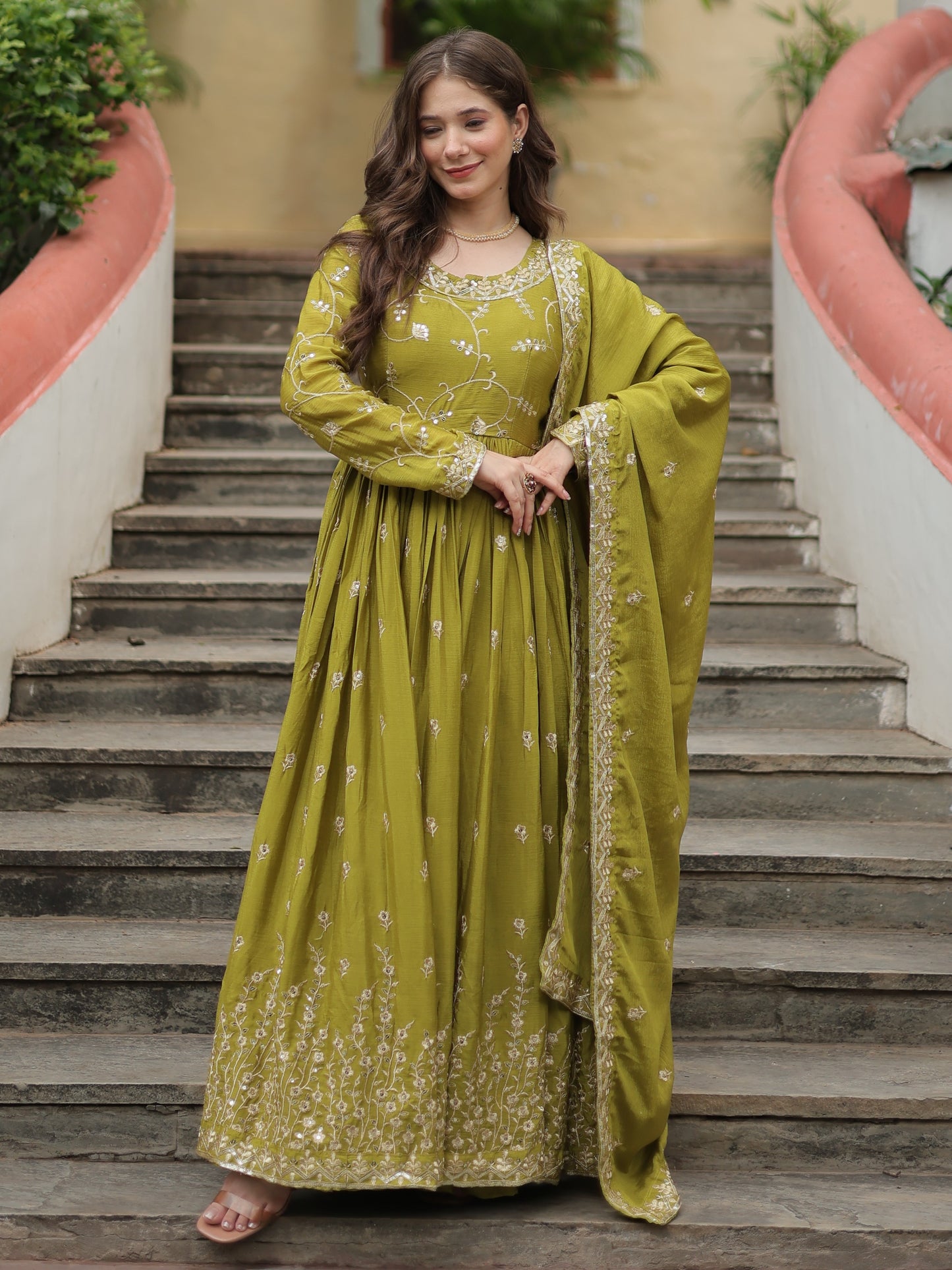 Mezmerzing Green Zari Work Chinon Eid Wear Sharara Suit