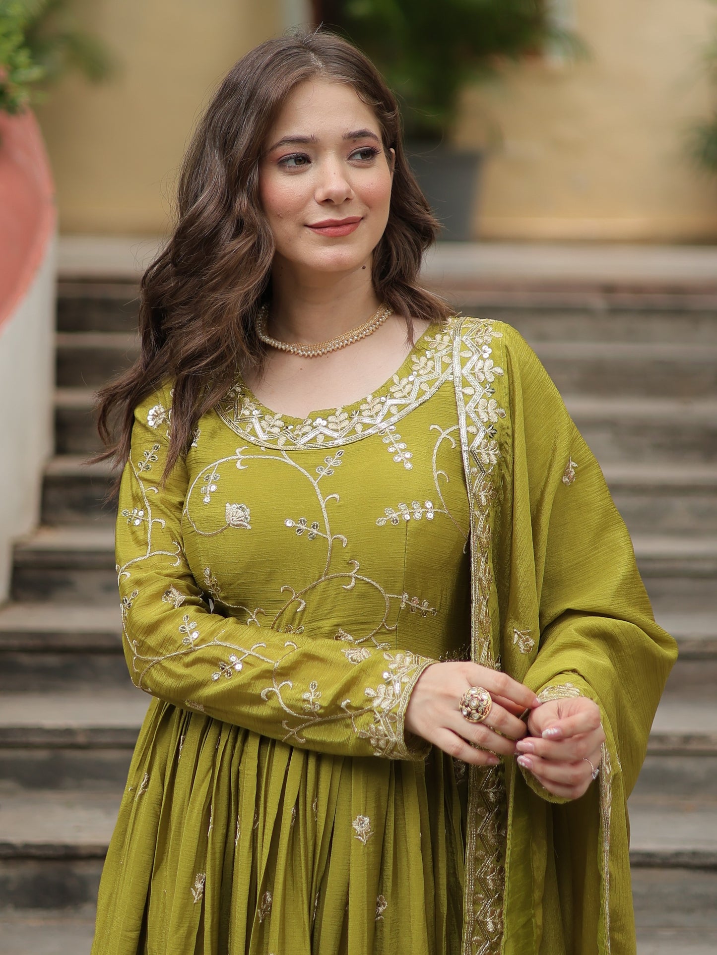 Mezmerzing Green Zari Work Chinon Eid Wear Sharara Suit