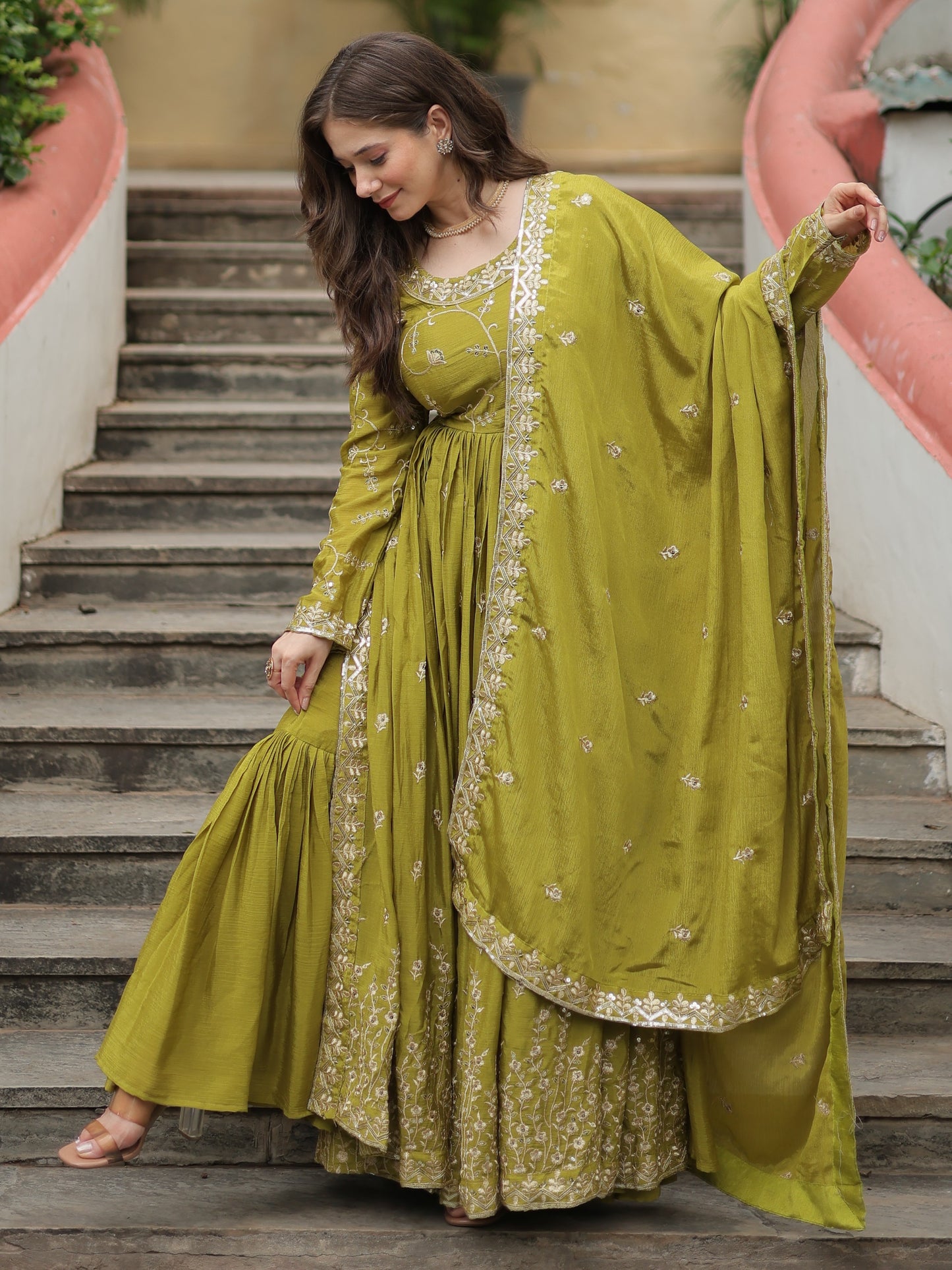 Mezmerzing Green Zari Work Chinon Eid Wear Sharara Suit