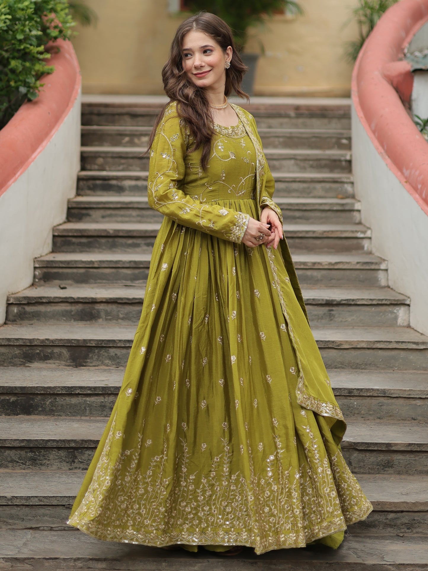 Mezmerzing Green Zari Work Chinon Eid Wear Sharara Suit