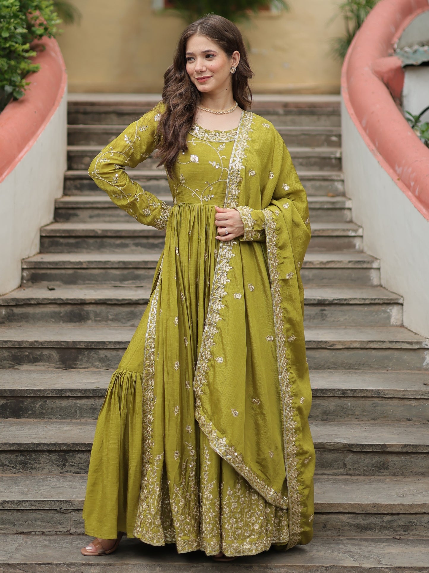 Mezmerzing Green Zari Work Chinon Eid Wear Sharara Suit
