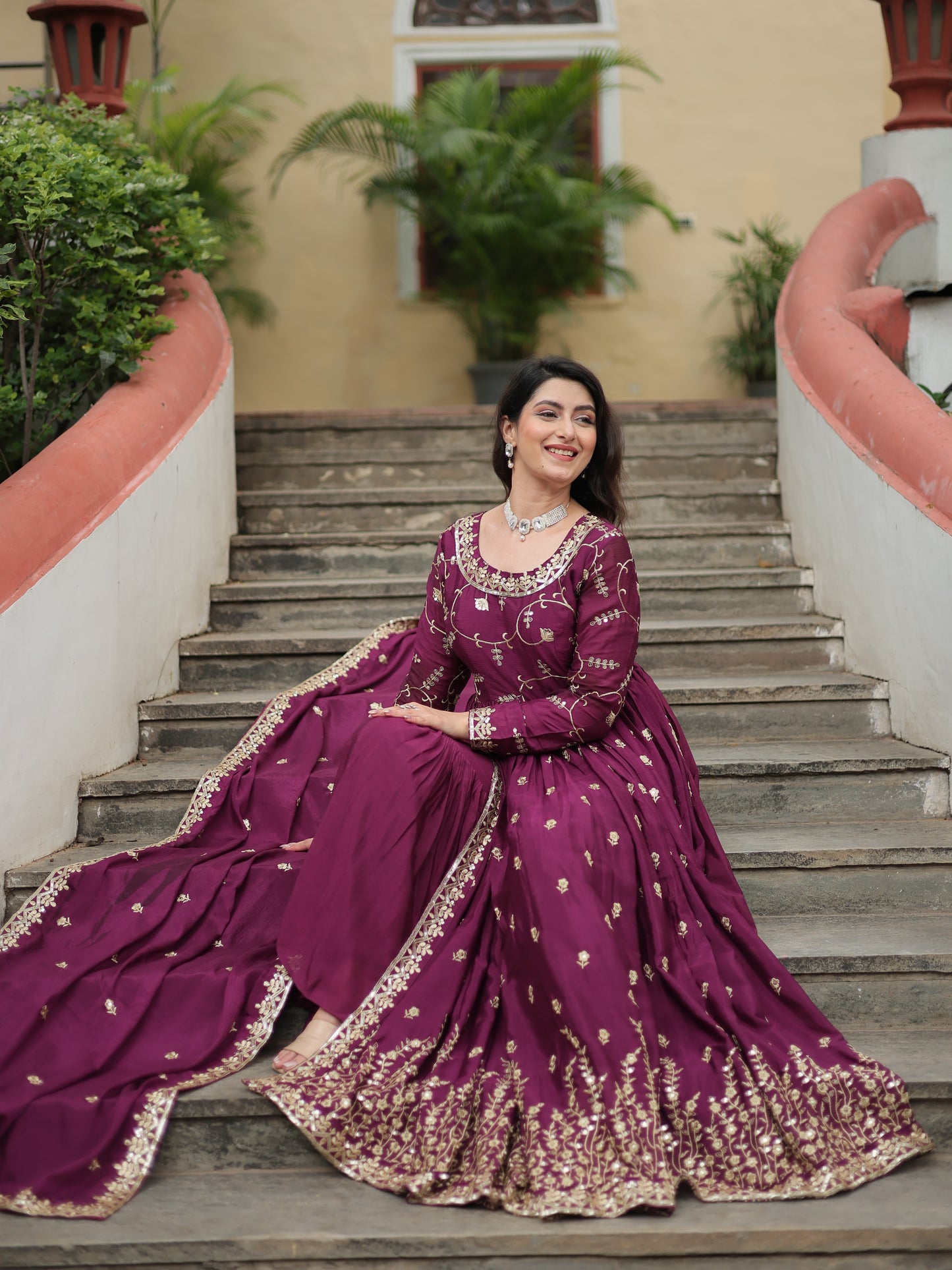 Attractive Wine Zari Work Chinon Nayracut Sharara Suit