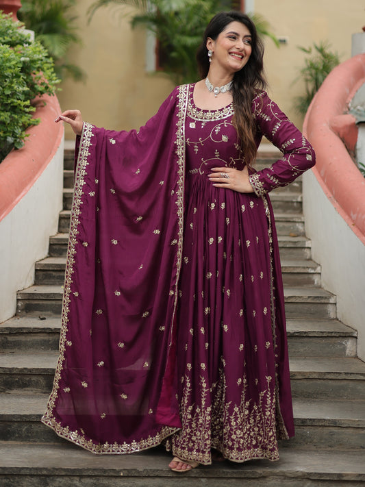 Attractive Wine Zari Work Chinon Nayracut Sharara Suit