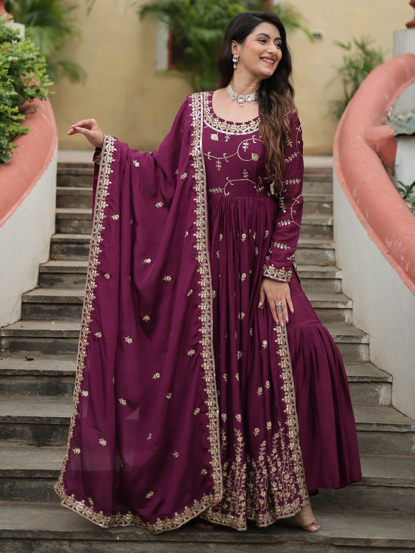 Attractive Wine Zari Work Chinon Nayracut Sharara Suit