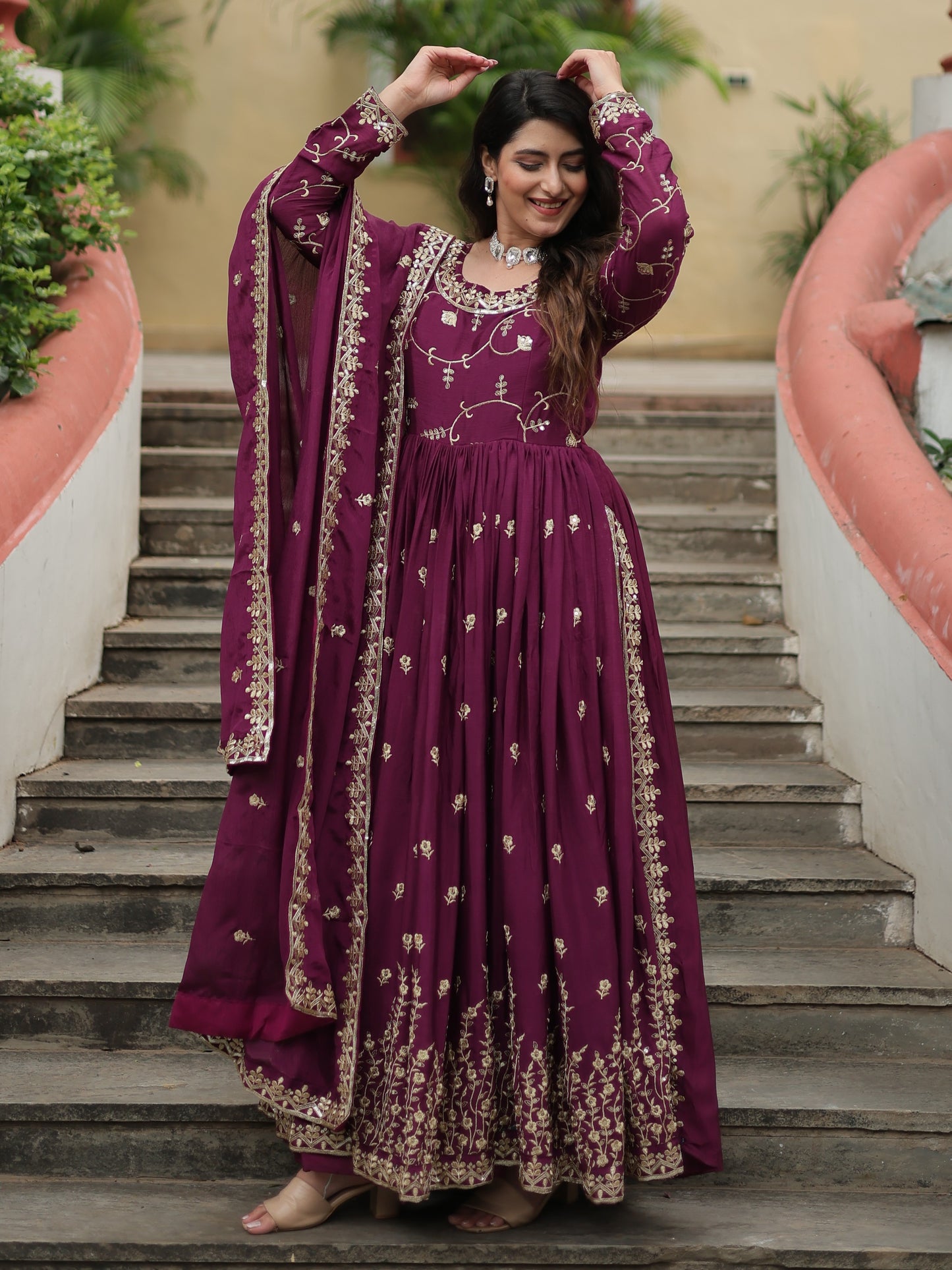 Attractive Wine Zari Work Chinon Nayracut Sharara Suit