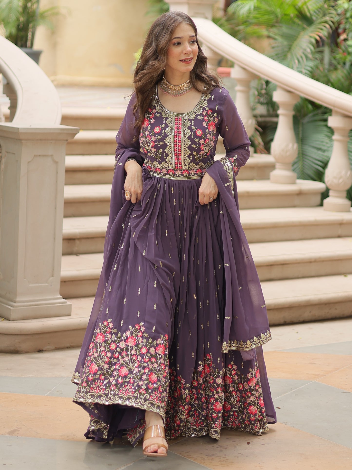 Astonishing Purple Embroidered Georgette Nayra-cut Sharara Suit