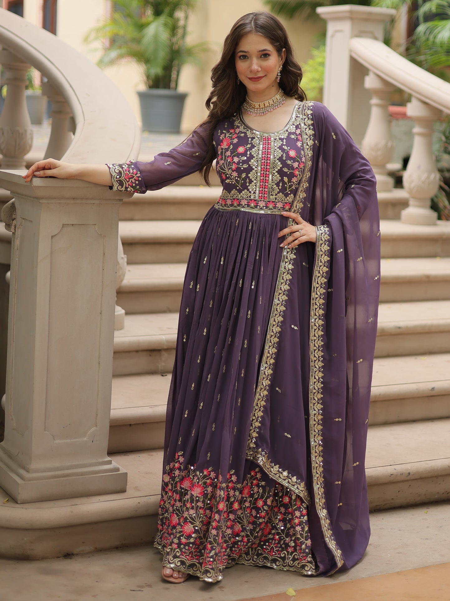 Astonishing Purple Embroidered Georgette Nayra-cut Sharara Suit