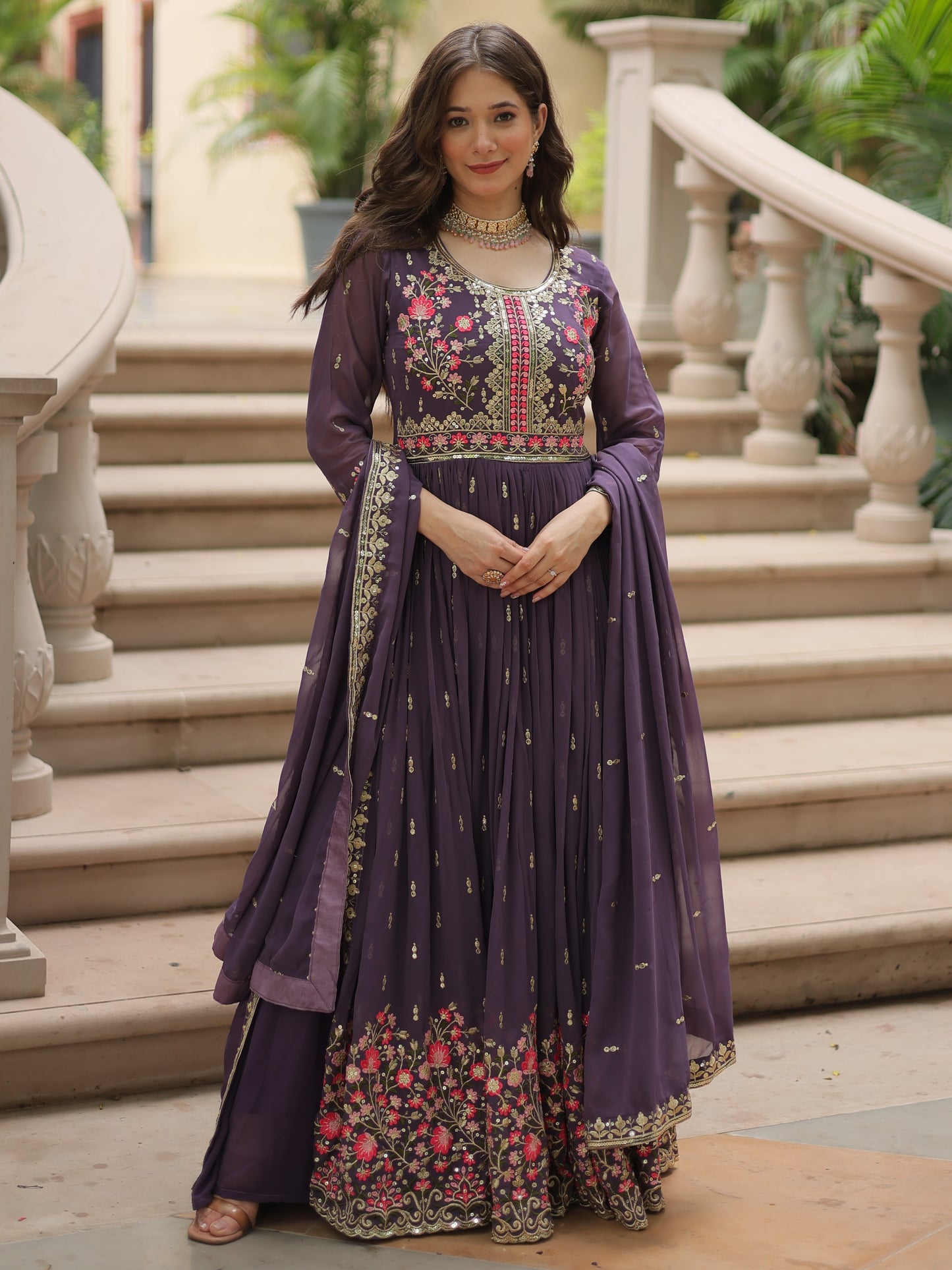 Astonishing Purple Embroidered Georgette Nayra-cut Sharara Suit