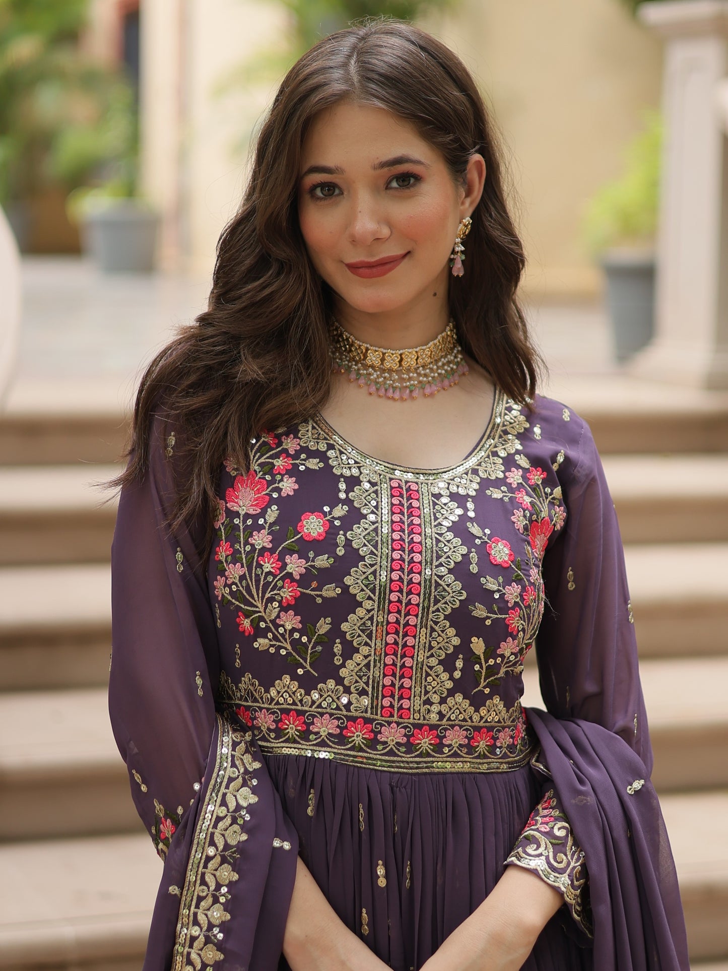 Astonishing Purple Embroidered Georgette Nayra-cut Sharara Suit