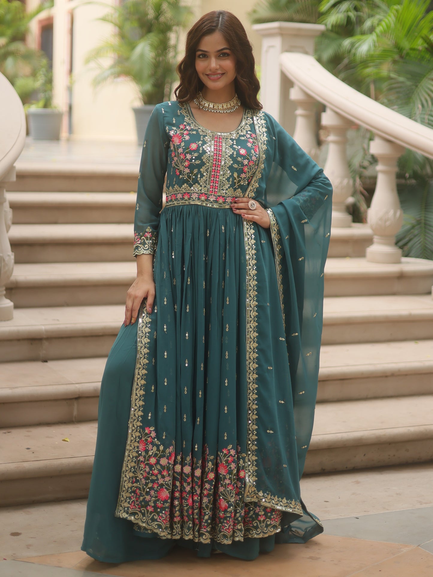 Alluring Blue Georgette Reception Nayra-cut Sharara Suit