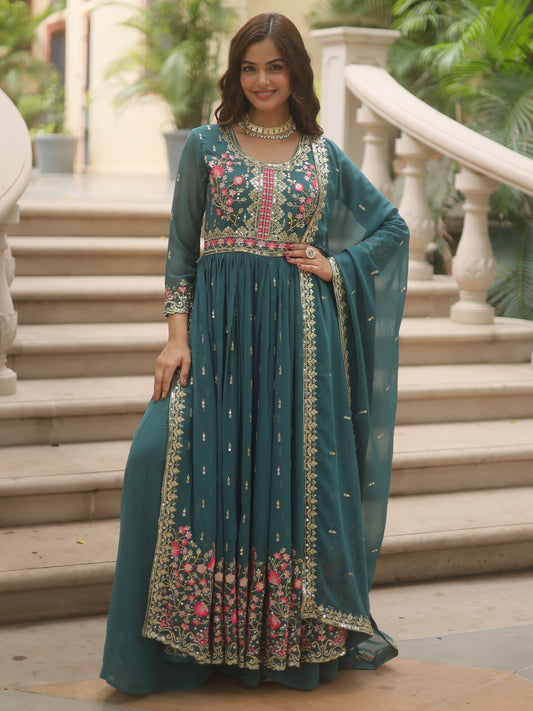 Alluring Blue Georgette Reception Nayra-cut Sharara Suit